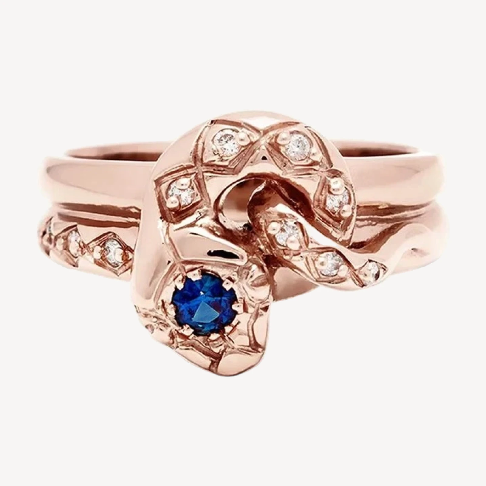 Diamond Dusted Victorian Serpent Ring - 14k Gold & Blue Sapphire