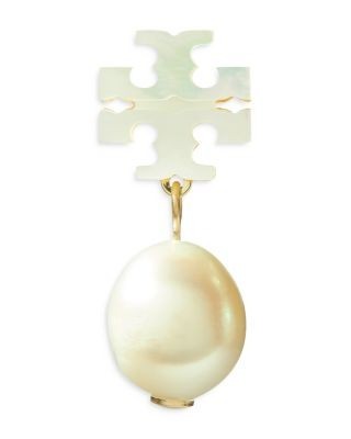 Tory Burch Kira Mother Of Pearl Double T & Cultured Freshwater Pearl Earrings in Gold Tone