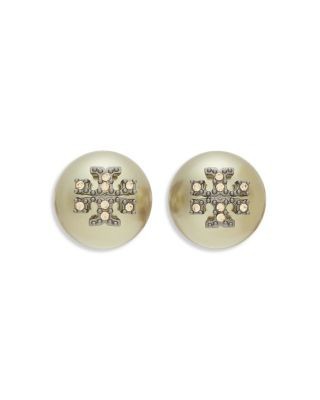 Tory Burch Kira Pave Double T Imitation Pearl Stud Earrings in Silver Tone