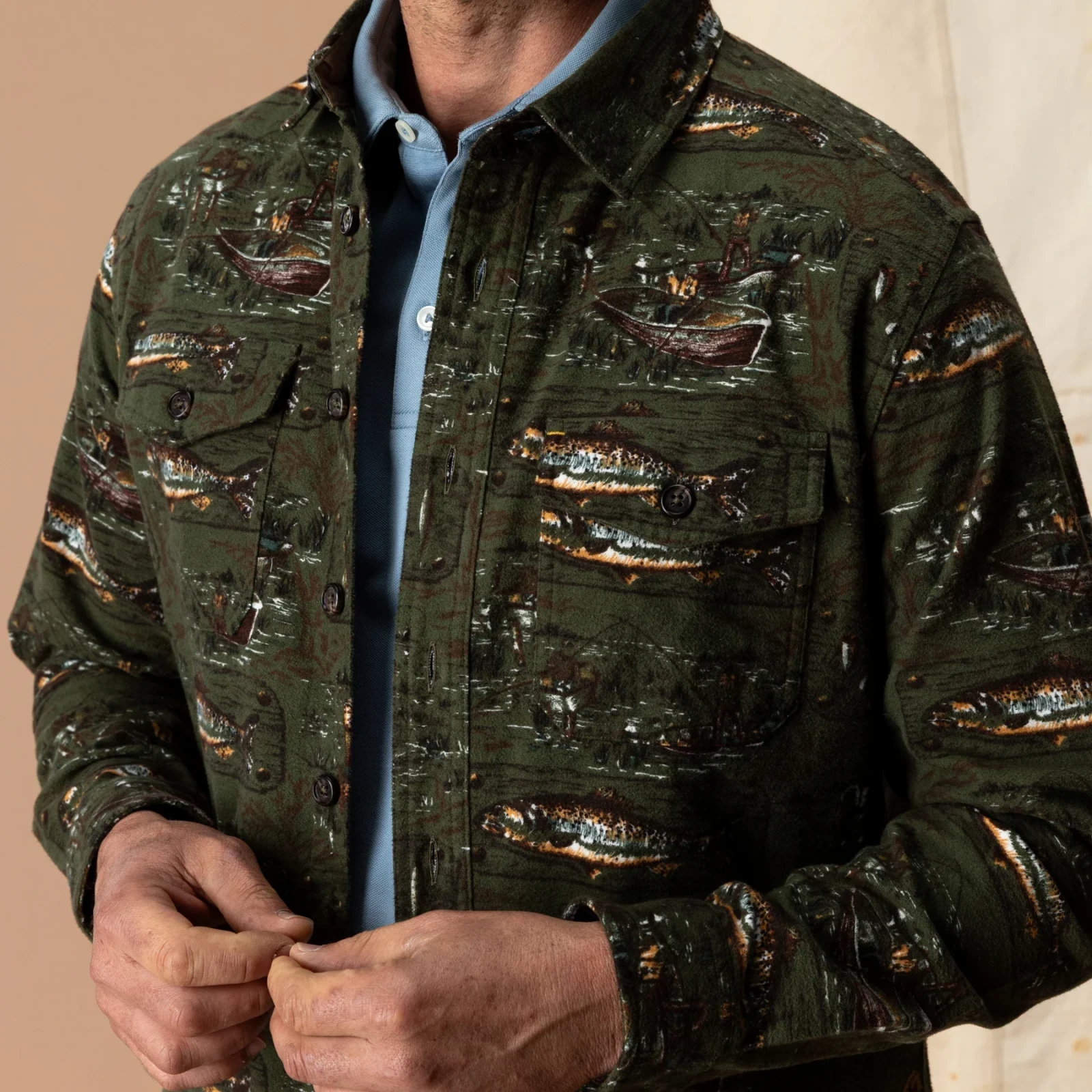 Slater Moleskin Overshirt - Fisherman Print - Dark Forest Green