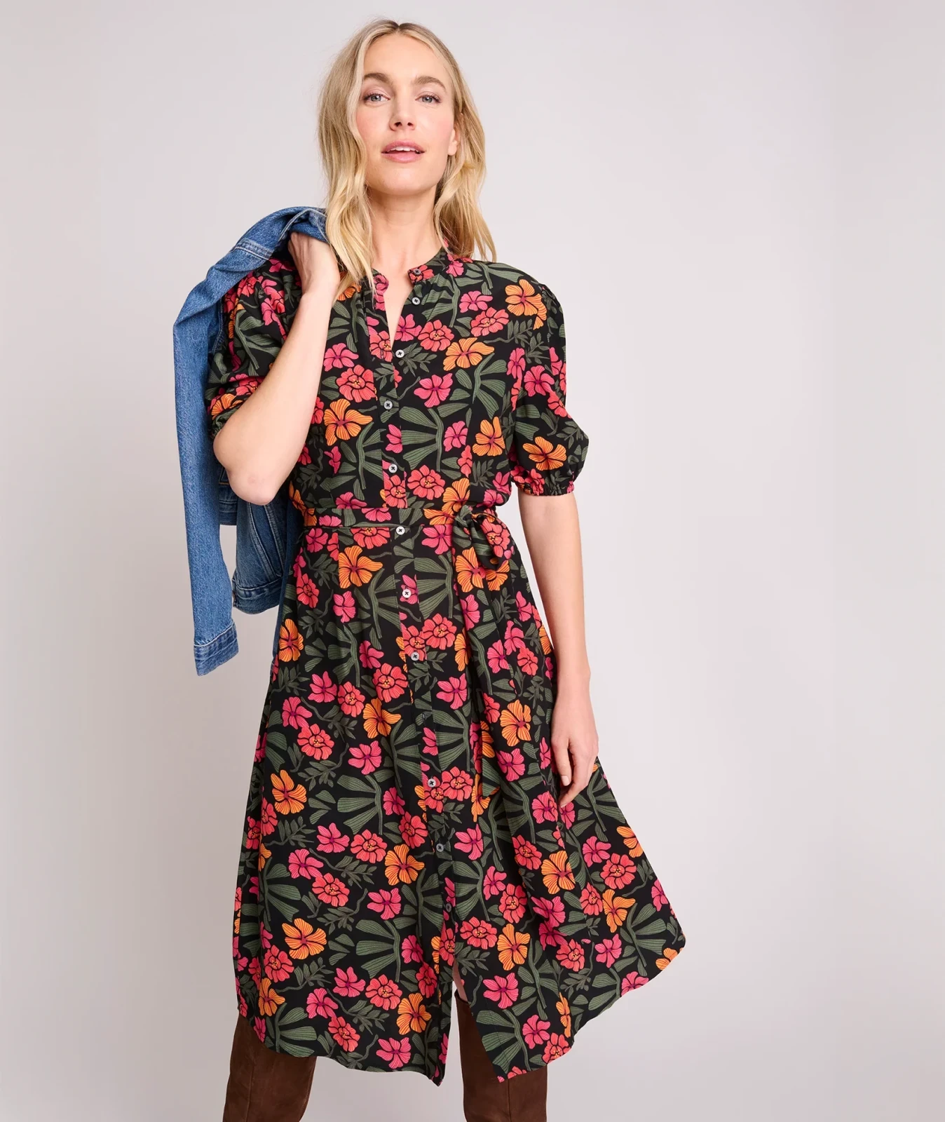 Short-Sleeve Floral Alix Midi Dress