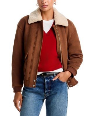 Aqua Faux Fur Trim Faux Suede Aviator Jacket - Exclusive