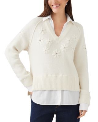 Karen Kane Rhinestone Embroidered Flower Layered Sweater