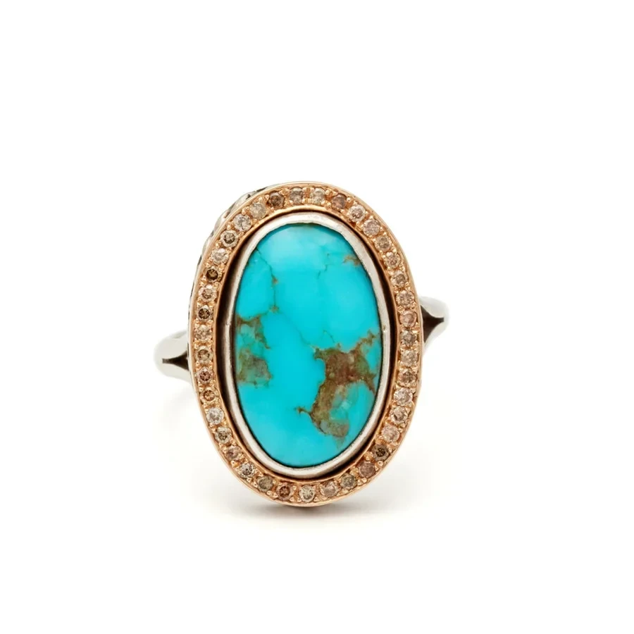 Vintage Oval Turquoise Ring - Silver, Yellow Gold & Champagne Diamonds