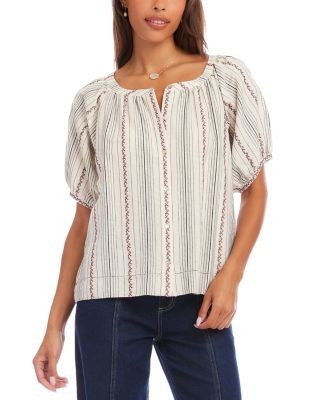 Karen Kane Stripe Puff Sleeve Embroidered Peasant Top