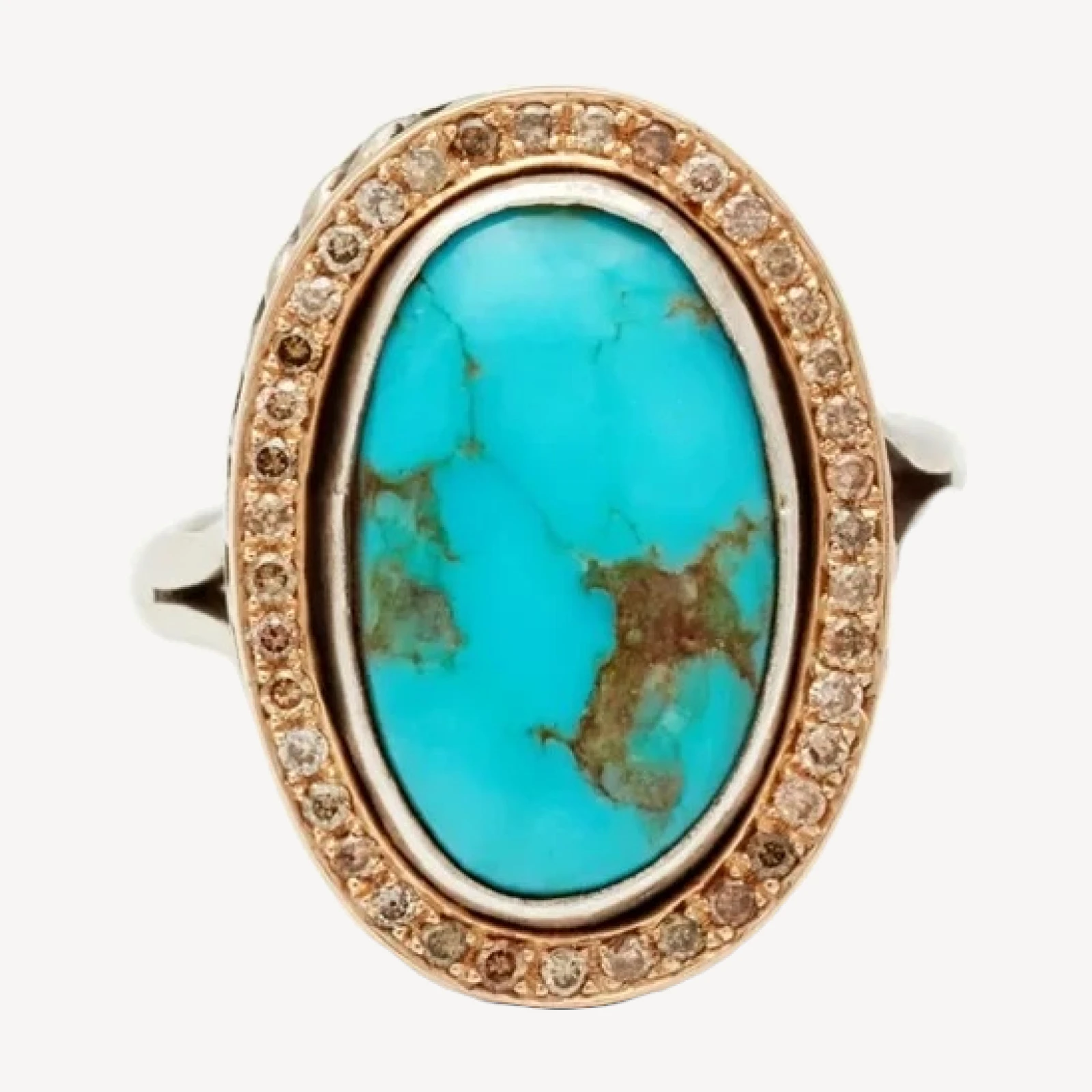 Vintage Oval Turquoise Ring - Silver, Yellow Gold & Champagne Diamonds