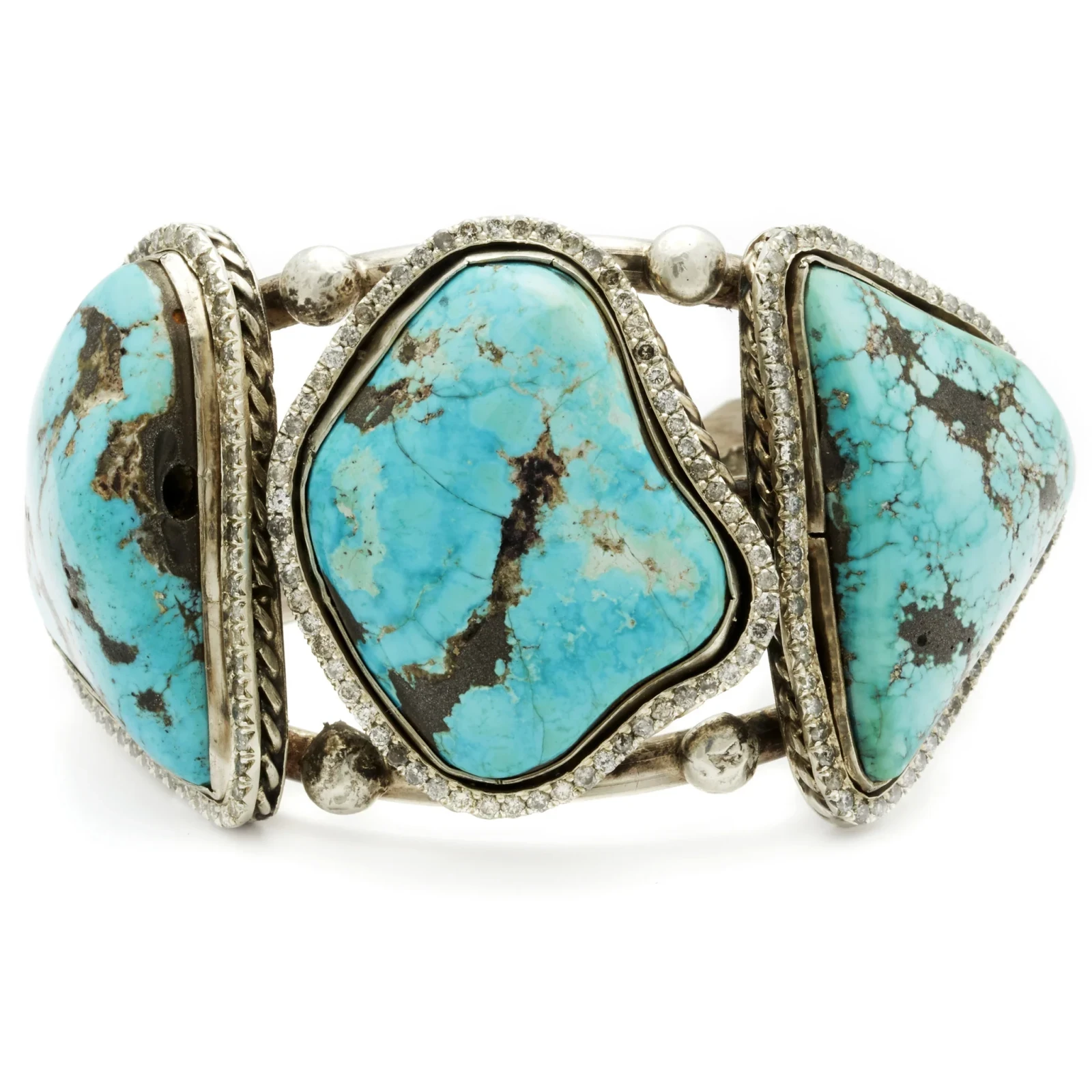 Diamond Dusted Three Stone Turquoise Cuff - Silver & Grey Diamonds