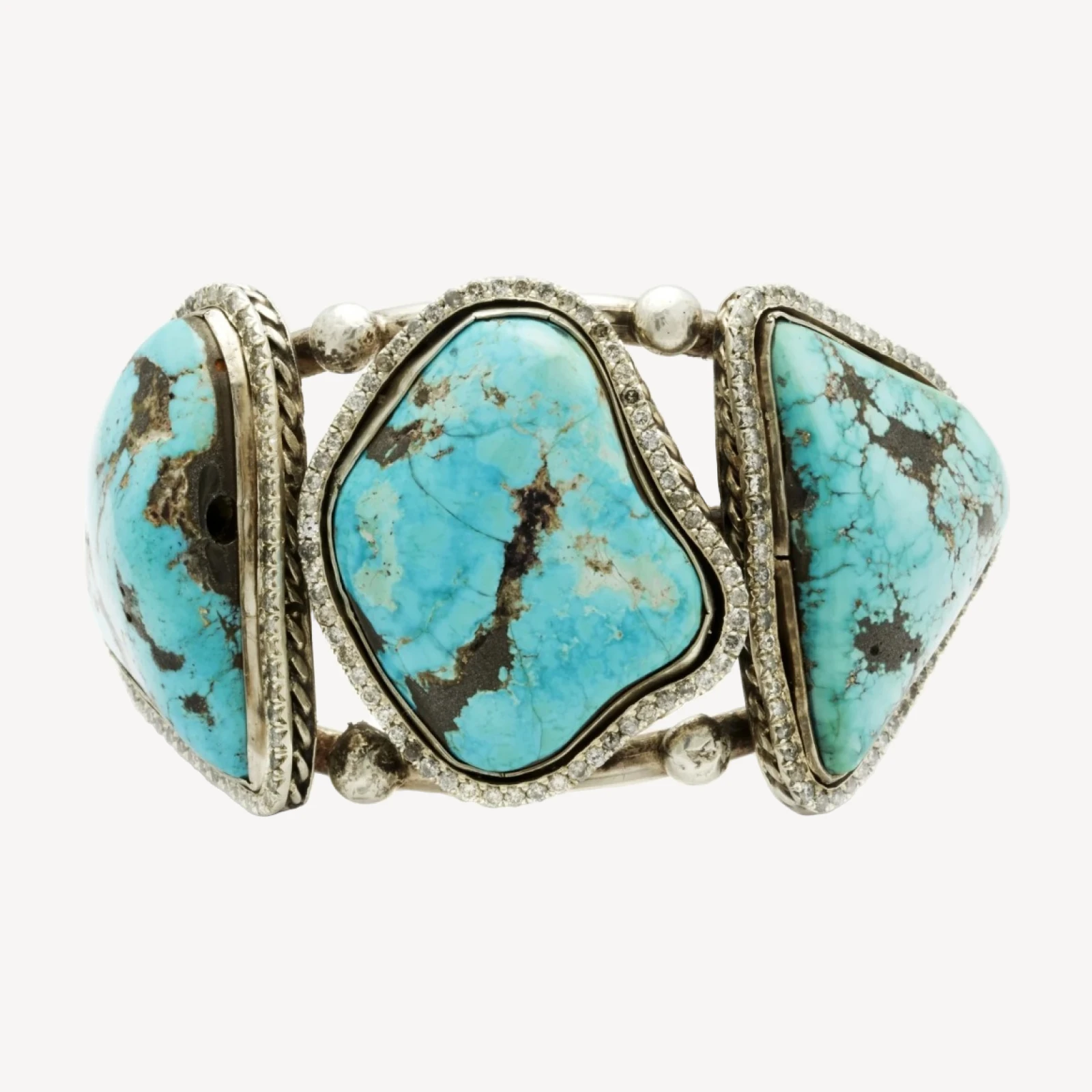 Diamond Dusted Three Stone Turquoise Cuff - Silver & Grey Diamonds
