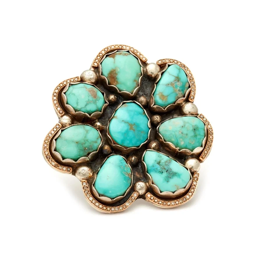 Vintage Giant Turquoise Flora Ring - Silver, Yellow Gold & Grey Diamonds