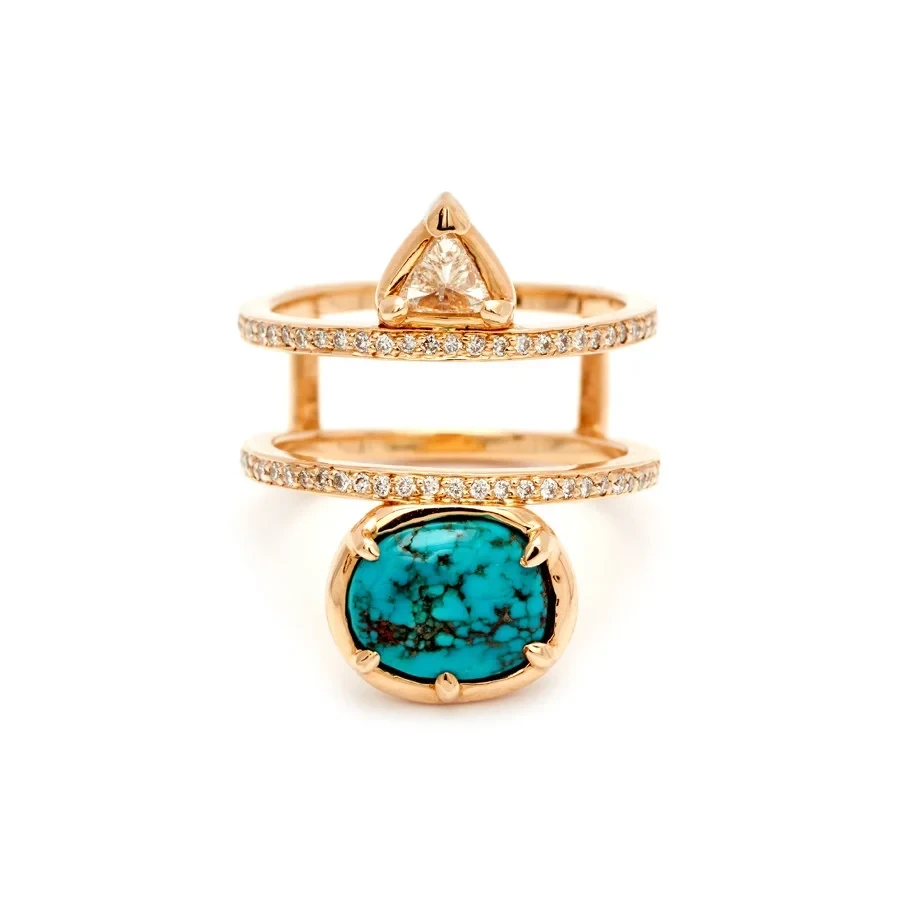 Reverse Attelage Ring - Yellow Gold, Turquoise & Champagne Diamond