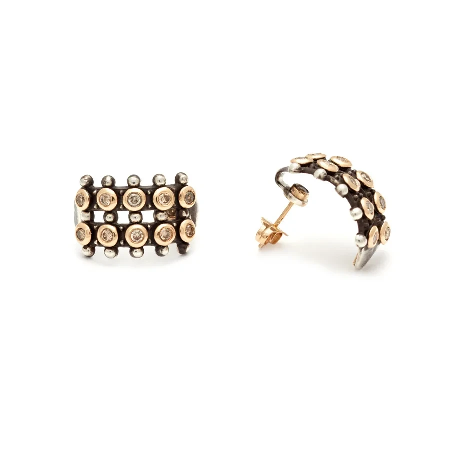 Vintage Lost Turquoise Snake Eyes Hoop Earrings - Silver, Yellow Gold & Champagne Diamonds