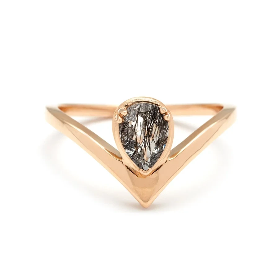 Celestine Orbit Ring - 14k Gold & Black Rutilated Quartz