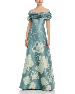 Teri Jon by Rickie Freeman Off the Shoulder Jacquard Gown