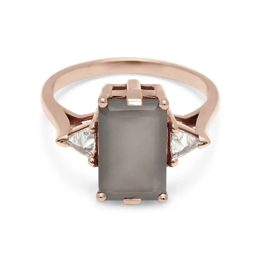 Bea Three Stone Ring - 14k Gold & Grey Moonstone (11x7mm)