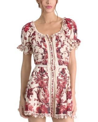 Alice and Olivia Mclaine Embroidered Puff Sleeve Button Down Tiered Mini Dress