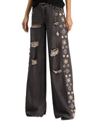 Alice and Olivia Amazing Cotton Low Rise Wide Leg Jeans in Georgia Vintage Black/Multi
