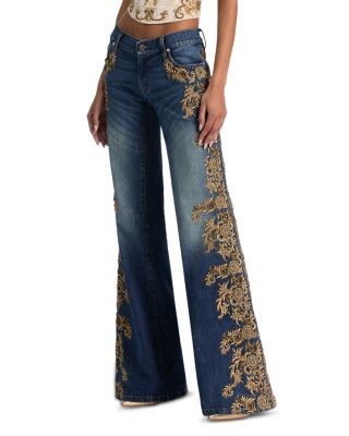 Alice and Olivia Emryn Embellished Ultra Low Rise Flare Jeans in Georgette Vintage