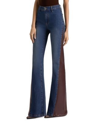 Alice and Olivia High Rise Faux Leather Godet Flare Jeans in Georgetta Vintage Blue/Dark Chocolate
