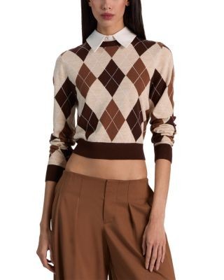 Alice and Olivia Carolann Wool Blend Crewneck Sweater with Cotton Stretch Collar