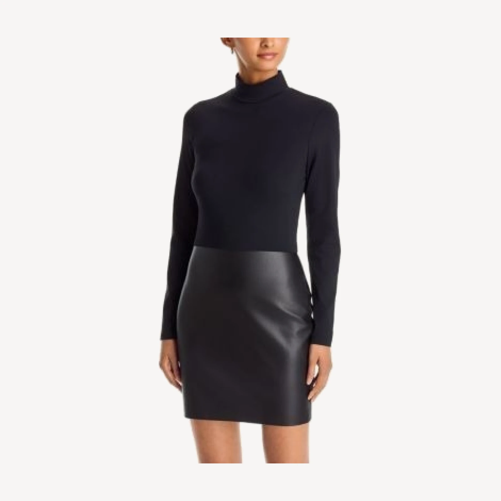 Aqua Turtleneck Mixed Media Faux Leather Dress