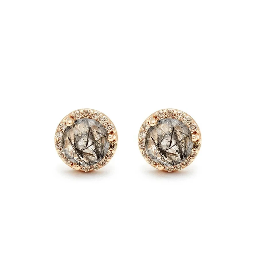 Rosette Stud Earring (Medium) PAIR - 14k Gold, Black Rutilated Quartz & Champagne Diamond