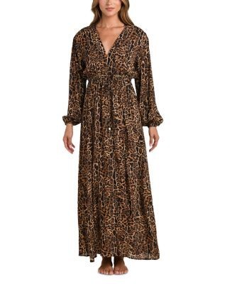 L'Agence Sara Patch Leopard Long Sleeve Maxi Dress Swim Cover-Up