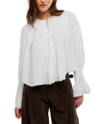 Free People Thousand Pintucks Lace Trim Blouse