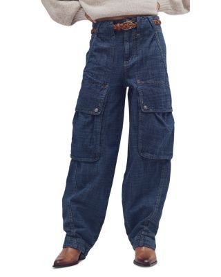 Free People Brentwood Textured High Rise Cargo Jeans in Atlantic