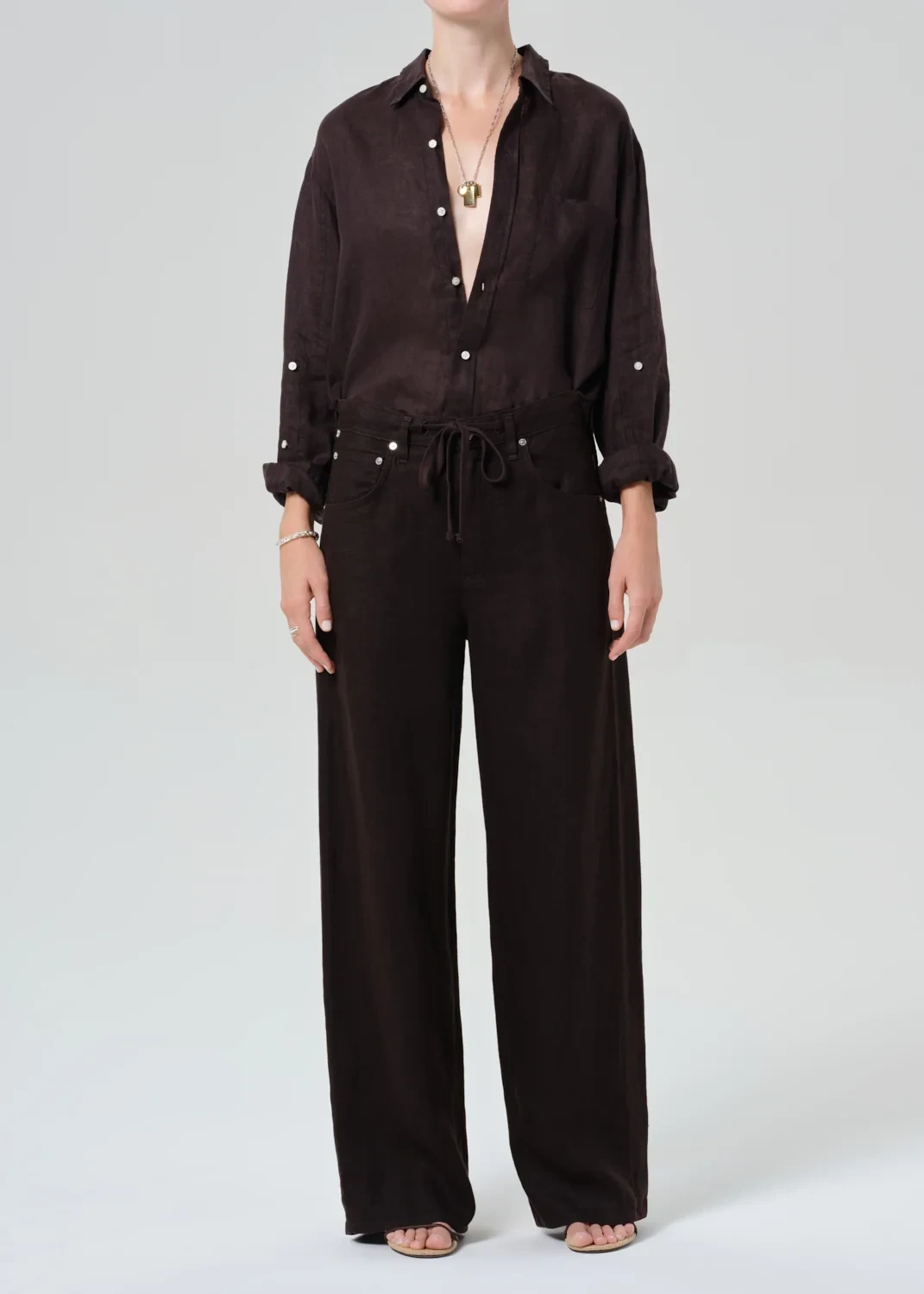 Brynn Drawstring Linen Trouser in Chocolate
