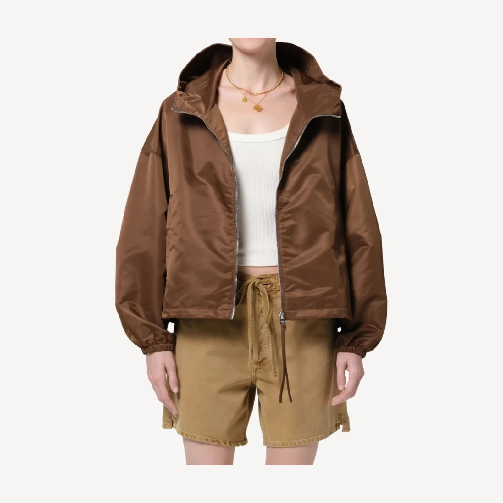 Cropped Nylon Windbreaker in Brown