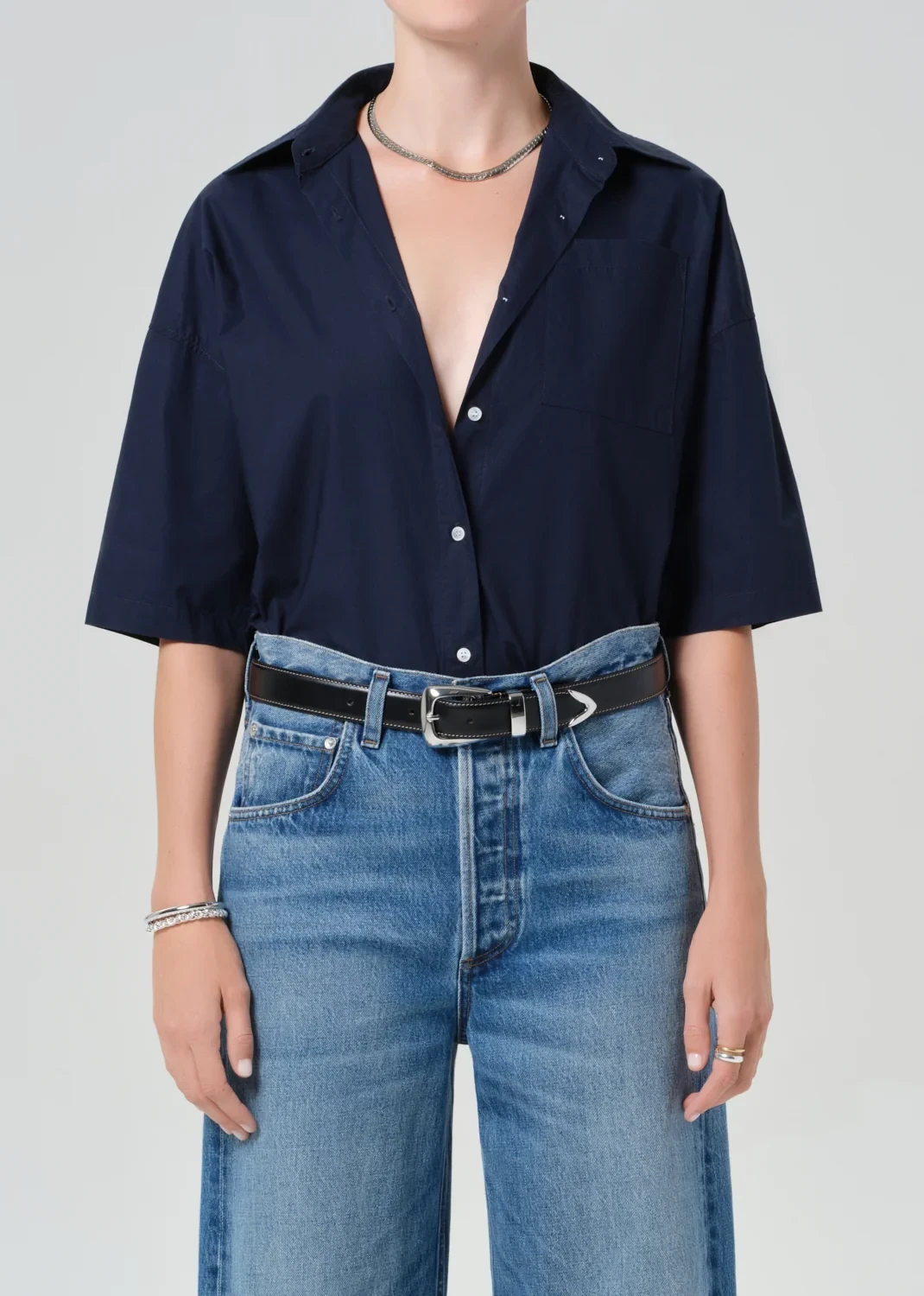 Frances Cropped Cape Poplin Shirt in Navy