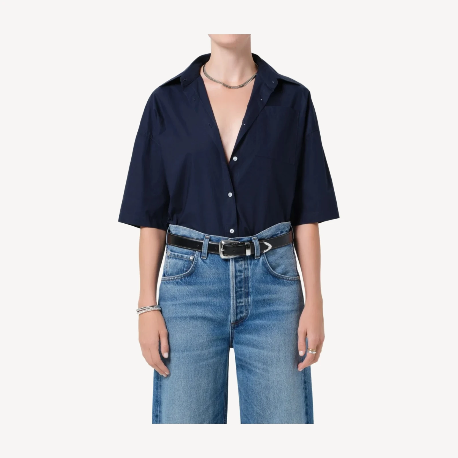 Frances Cropped Cape Poplin Shirt in Navy