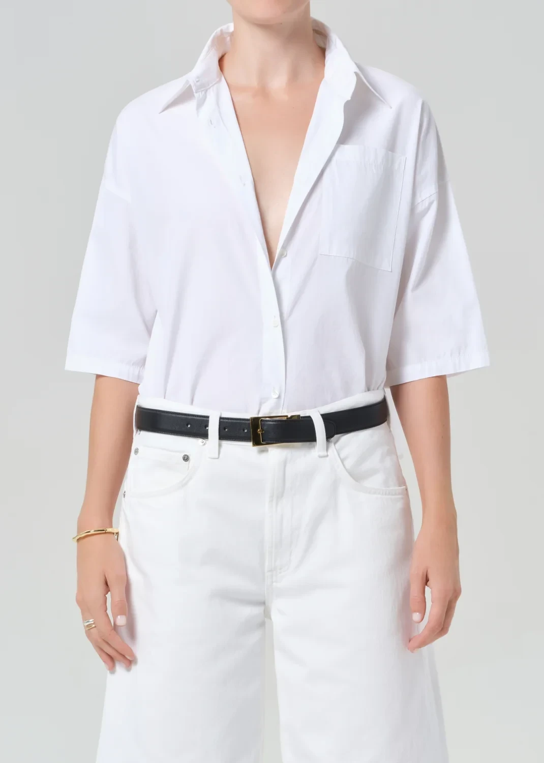 Frances Cropped Cape Poplin Shirt in Optic White