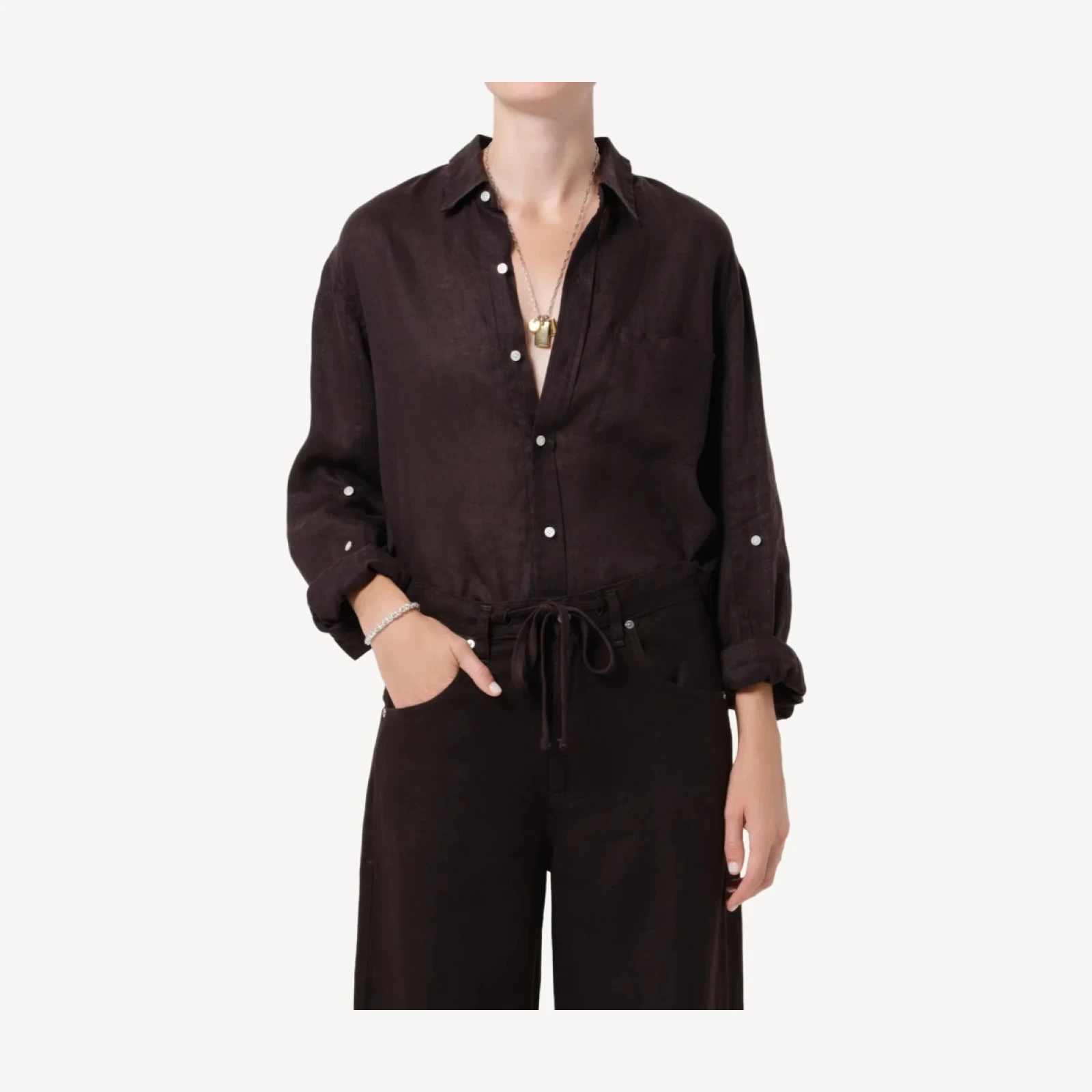 Kayla Shrunken Linen Shirt in Chocolate
