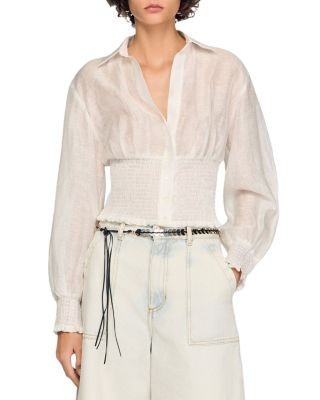 Sandro Judia Smocked Linen Blend Shirt