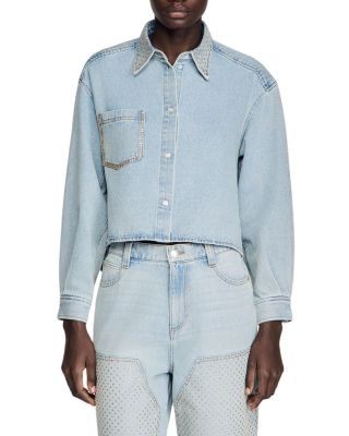 Sandro Lady Rhinestone Crop Denim Shirt