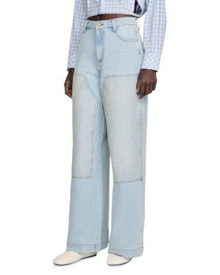 Sandro Landon High Rise Straight Leg Crystal Patch Jeans in Light Blue Jean