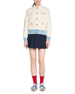 Sandro Madeen Boucle Denim Trim Cardigan