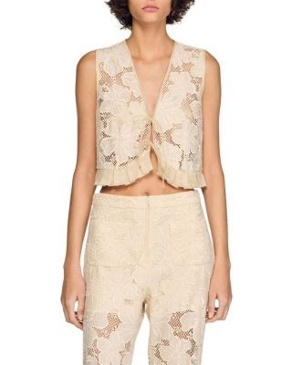 Sandro Guipure Lace Ruffle Crop Top