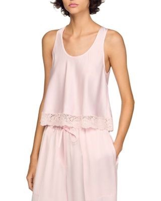 Sandro Satin Top with Lace Trim