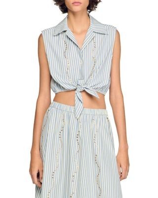 Sandro Lucio Cropped Striped Rhinestone Trim Shirt