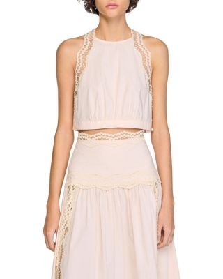 Sandro Cotton Crop Top with Lace Trim