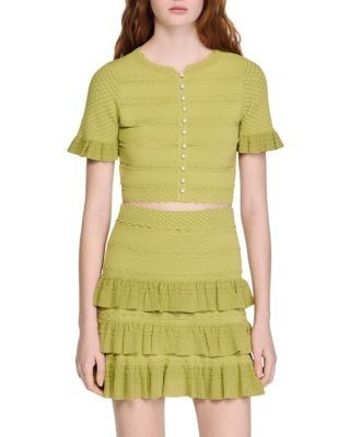 Sandro Cropped Ruffled Sleeve Cardigan