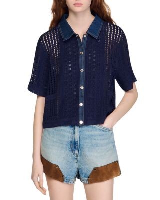 Sandro Crochet and Denim Cardigan