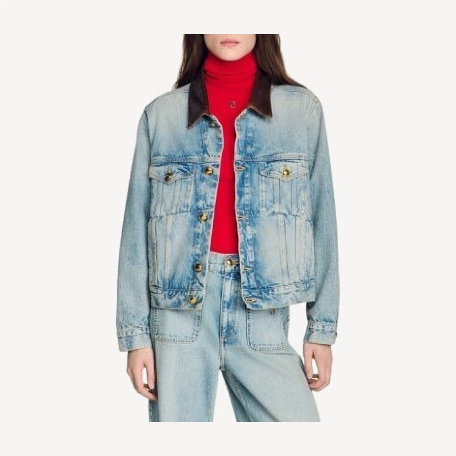 Sandro Denim Jacket with Leather Collar in Blue Jean