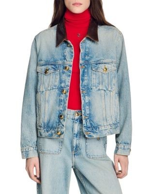 Sandro Denim Jacket with Leather Collar in Blue Jean