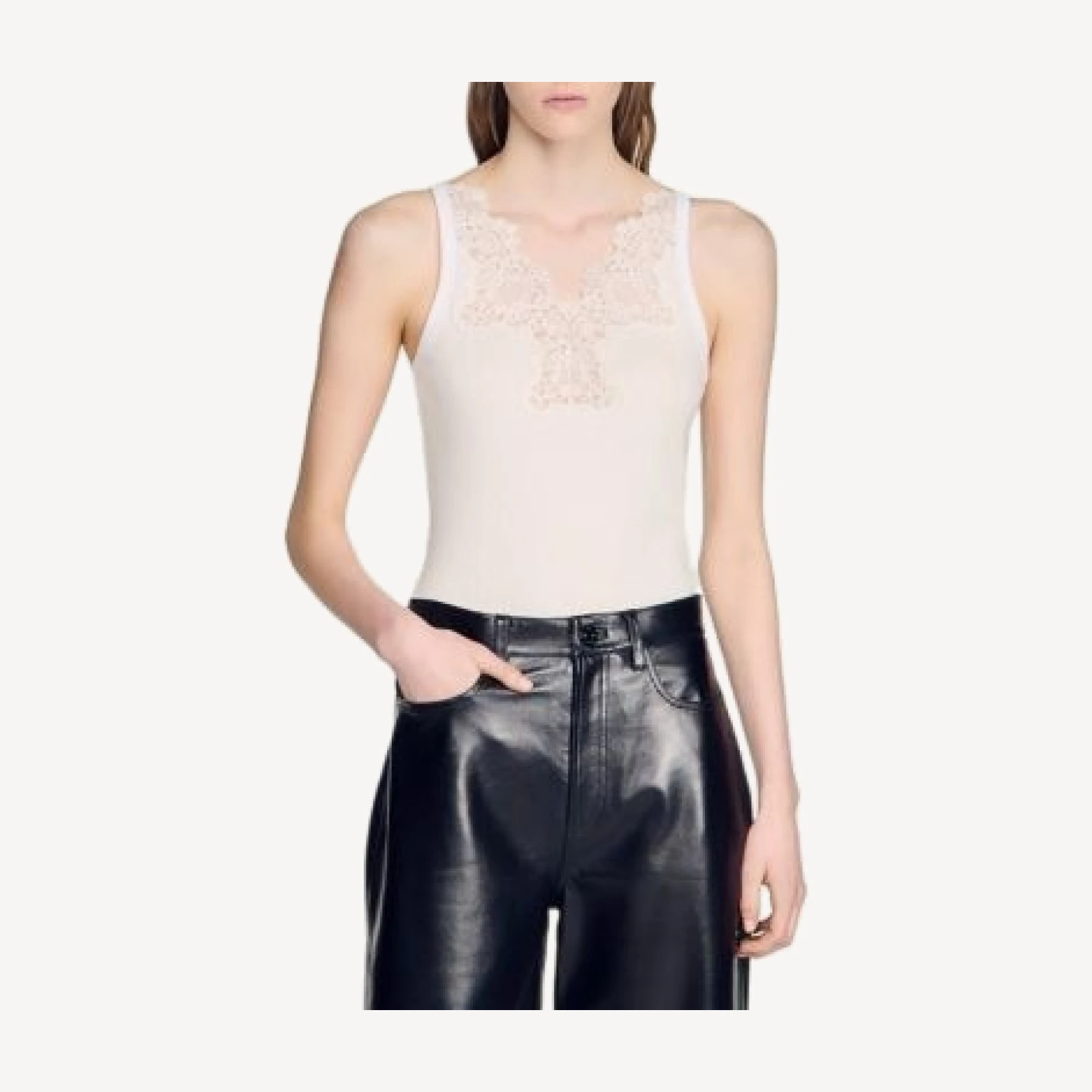 Sandro Sofie Ribbed Lace Tank Top