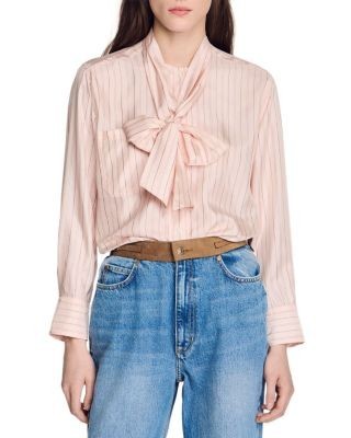 Sandro Miraluna Striped Tie Neck Shirt