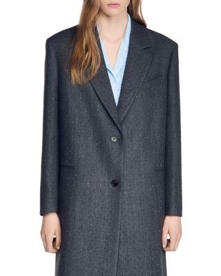 Sandro Long Wool Coat With Rhinestones
