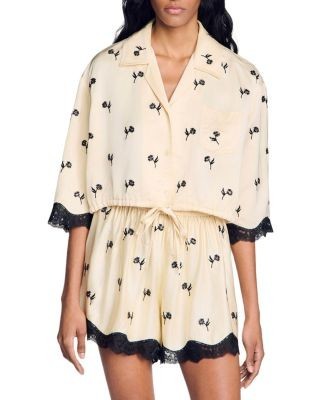 Sandro Cropped Floral Embroidered Shirt